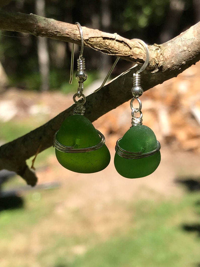 Sea glass jewelry. Beautiful authentic green Sea glass earrings wire wrapped with sterling silver, Maine sea glass earrings, image 8