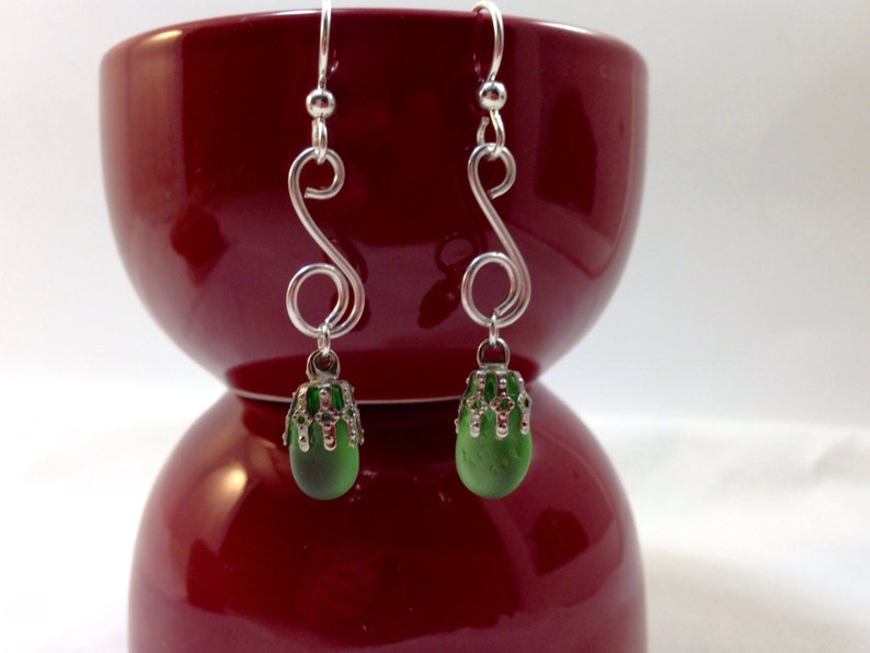 Beautiful authentic green Sea glass earrings; hammered sterling with Maine sea glass. Sea glass jewelry