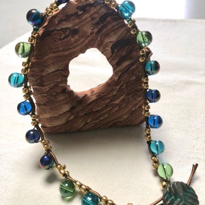 Handmade Double Wrap Bracelet Boho Style in Ocean Colors on Leather with Glass Beads, Doubles as a Choker.