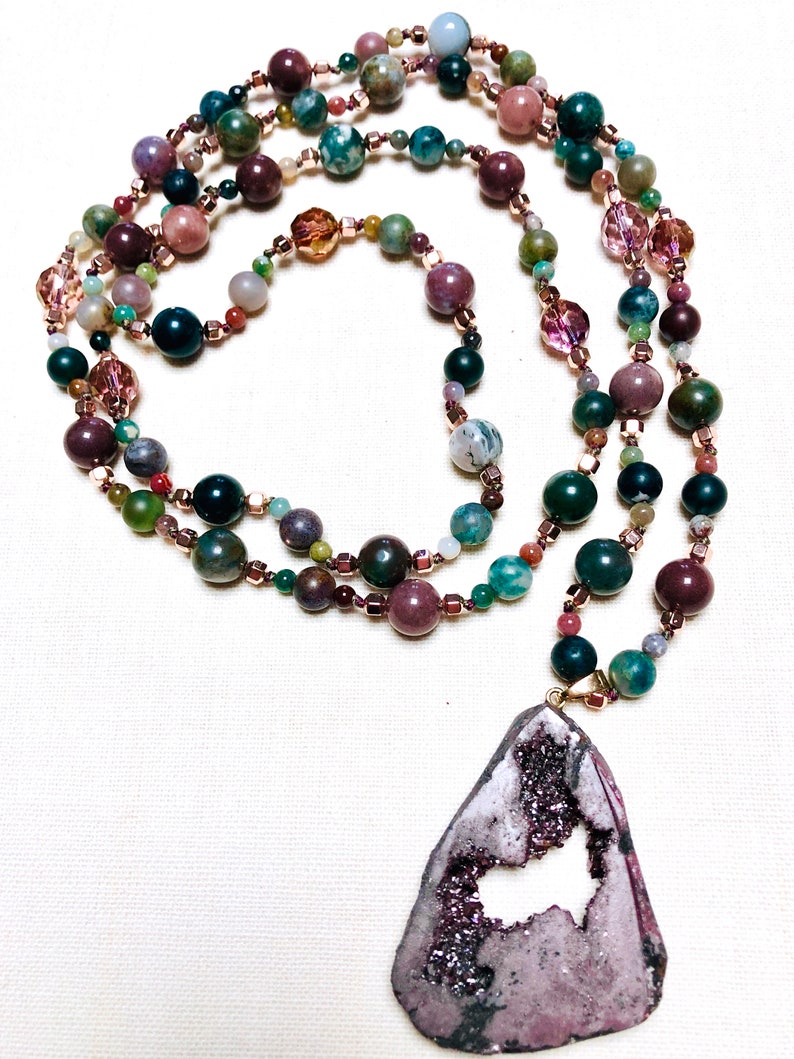 Adjustable Length and Copper Long Hand Knotted Boho Necklace with Plum Druzy Pendant Greens Jasper Beads in Mauves