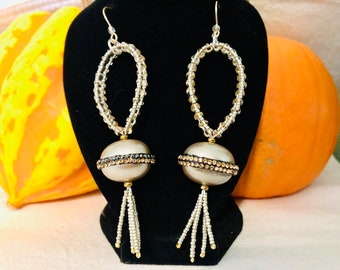 Handmade Large Silver Pearl Earrings with Silver and Gold Glass Beads