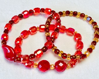 Stretch Bracelet Set of 3 in Red and Gold Crystals and Czech Glass Faceted Beads, with Czech Glass Bead Focals Size 6-7