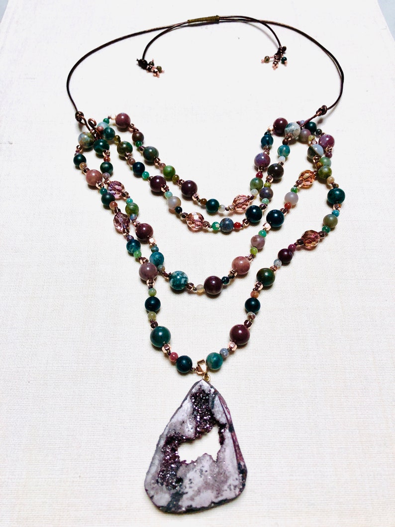 Adjustable Length and Copper Long Hand Knotted Boho Necklace with Plum Druzy Pendant Greens Jasper Beads in Mauves