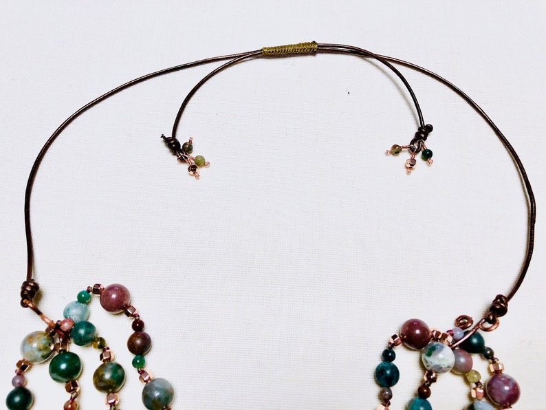Adjustable Length and Copper Long Hand Knotted Boho Necklace with Plum Druzy Pendant Greens Jasper Beads in Mauves