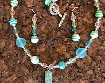 This is a Superb Spring Green and Summer Blue Beaded Drusy Pendant Necklace and Matching Earrings