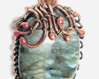 Unique Handmade Torched Copper Wire Wrapped Labradorite Pendant with Pearl