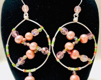 Natural Freshwater Pink Pearl Hoop Earrings Wire Wrapped with Czech Glass Beads and Multi Colored Wire