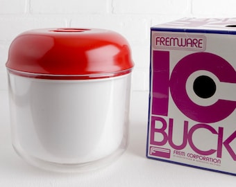 Vintage White and Red Ice Bucket, Plastic Ice Bucket by Fremware with Original Box