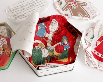 Vintage Six Sided Christmas Tin with Precut Fabric Ornament Kit Pieces