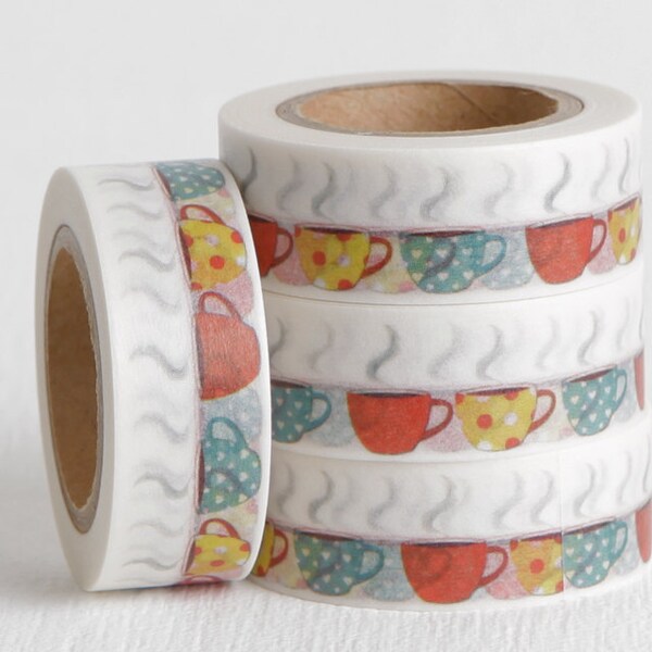 Steaming Coffee Cup Washi Tape, Coffee Lovers Gift Decorative Tape, Day Planner Sticker or Reminder Sticker 15mm