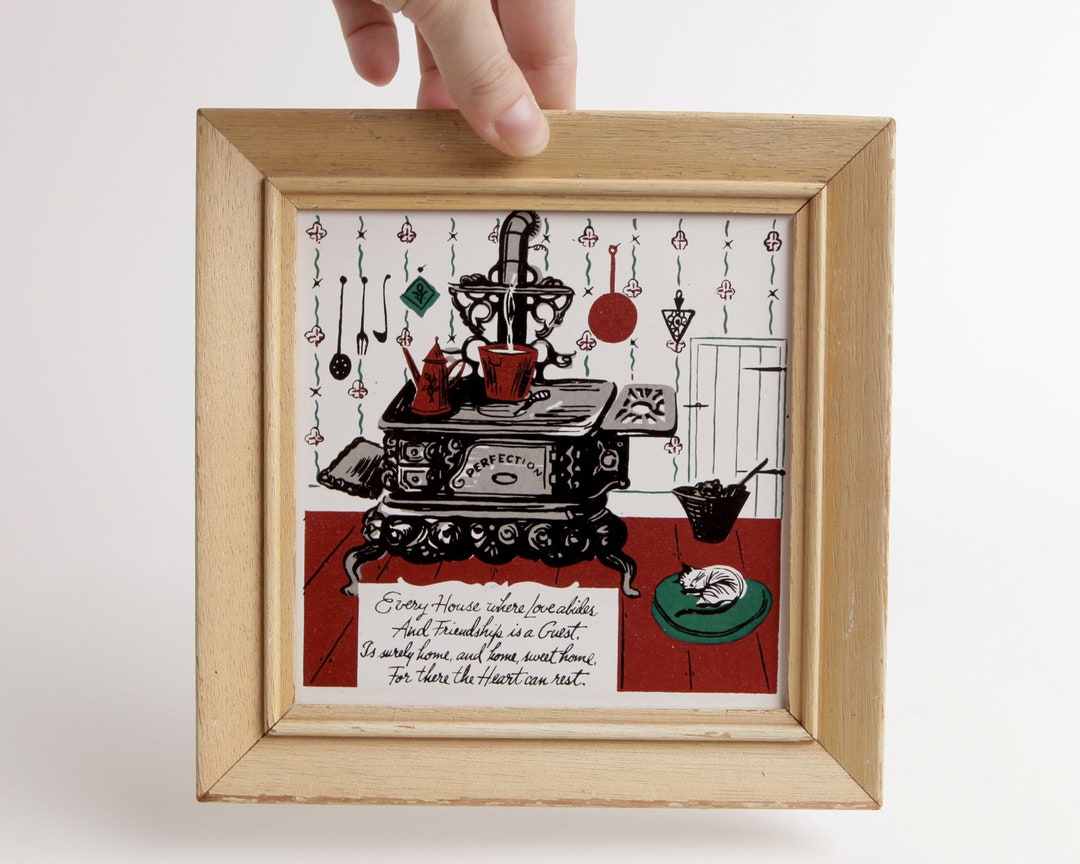 Vintage Framed Kitchen Tile With Stove and Sleeping Cat, Every House Where Love Abides, Home