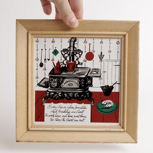 Vintage Framed Kitchen Tile with Stove and Sleeping Cat, Every House Where Love Abides, Home Sweet Home