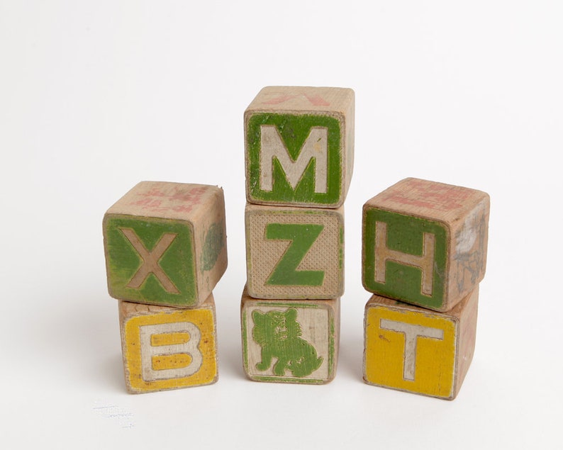 Vintage Wood Alphabet Blocks With Painted Letters And Image 0