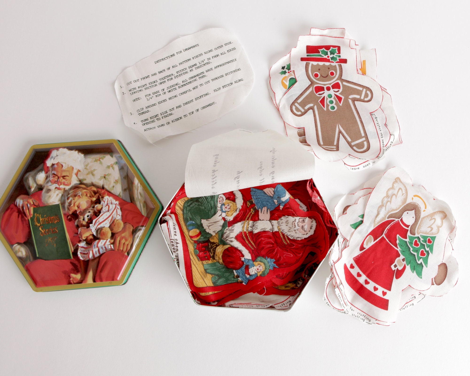 Vintage Six Sided Christmas Tin with Precut Fabric Ornament Kit Pieces