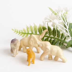 May include: Four small plastic toy elephants, two are white, one is purple and one is orange. The elephants are standing on a white surface with a green leafy plant behind them.