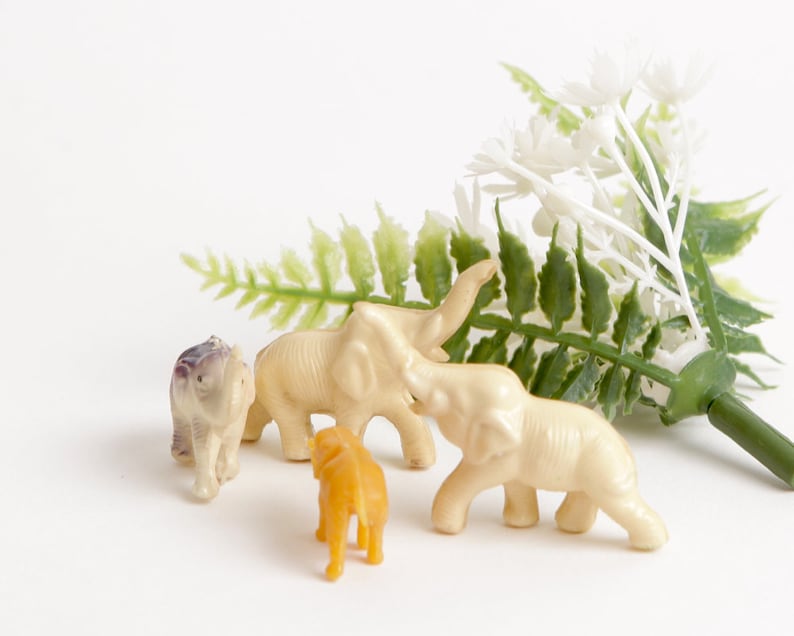 May include: Four small plastic toy elephants, two are white, one is purple and one is orange. The elephants are standing on a white surface with a green leafy plant behind them.