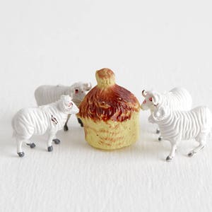 Vintage Set of Four of Tiny Sheep with Haystack, Miniature Sheep and Hay Farm Vignette