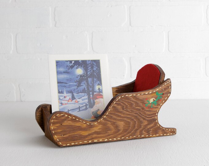 Vintage Wood Christmas Card Holder Sled With Red Felt Lining Etsy