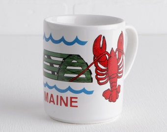 Vintage Maine Mug, Lobster and Lobster Trap on White Mug