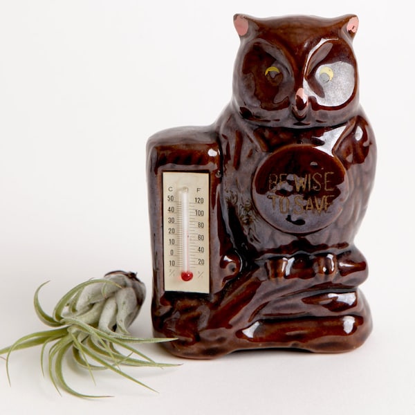 Vintage Ceramic Brown Owl Coin Bank with Thermometer, Be Wise to Save Made in Japan