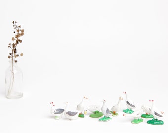 Vintage Flock of Geese, 10 Plastic Miniature Terrarium Figurines Accessories, Made in Hong Kong