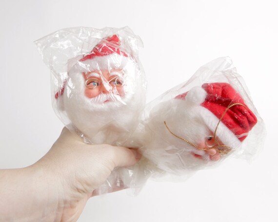 Santa Doll Head Pink Stocking Caps with Star Design and Holly Detail Vintage Santa Head with Cotton Fluff Beard and Wire Rimmed Spectacles