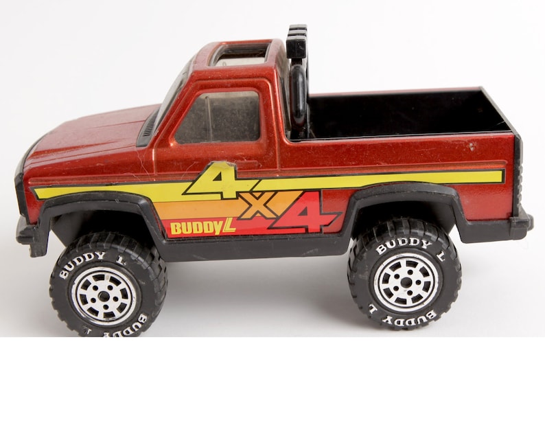 Metal and Plastic Vintage 1980s Buddy L 4x4 Red Pickup Truck with Light Bar