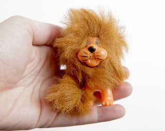 Vintage Troll Lion Necklace, Brown Fuzzy Lion Figurine Made in Korea