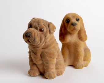 Vintage Pair of Flocked Dog Coin Banks, Spaniel and Shar Pei Fuzzy Brown Banks with Plastic Eyes