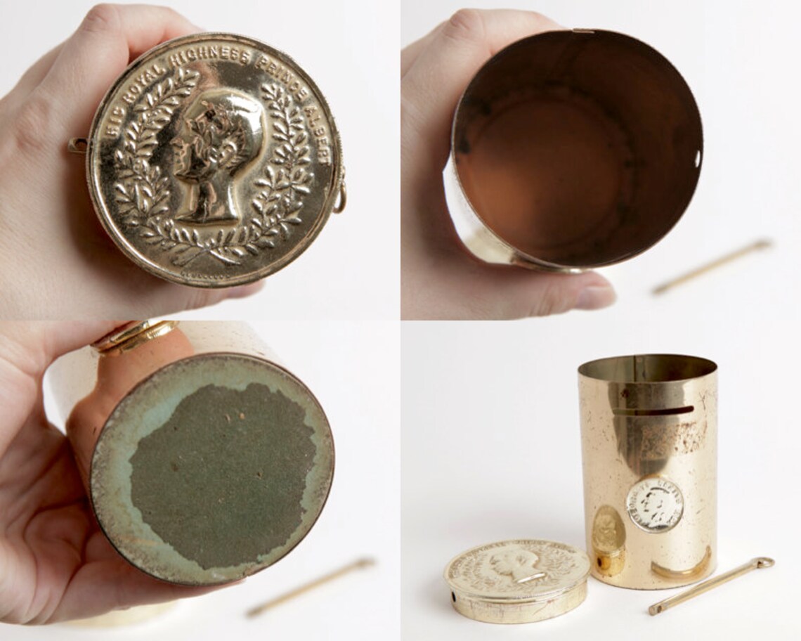Vintage Gold Metal Can Shape Coin Bank With Lock Bar His Etsy