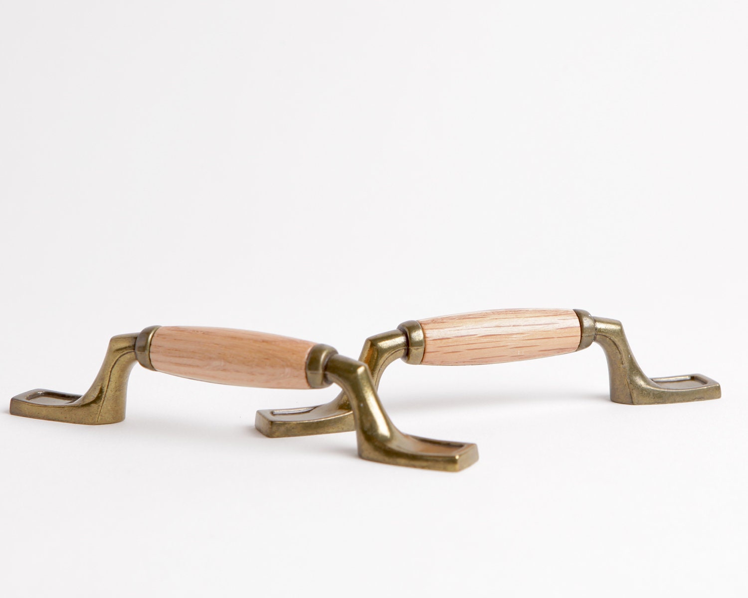 Vintage Set of Ten Oak Wood and Brass Pulls Mid Etsy