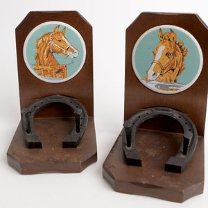 Vintage Wood Horse Bookends with Metal Horseshoes and Ceramic Tiles