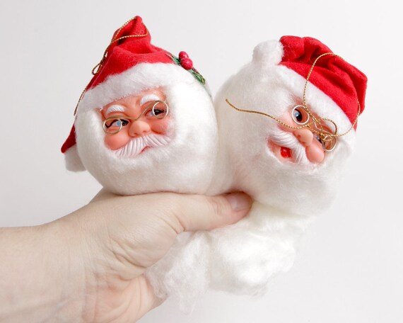 Santa Doll Head Pink Stocking Caps with Star Design and Holly Detail Vintage Santa Head with Cotton Fluff Beard and Wire Rimmed Spectacles