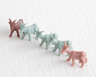 Vintage Lot of Tiny Goat Figurines, Miniature Goats for Diorama Shadowbox Letterpress Terrarium in Brown and Green