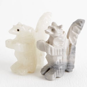 Puede incluir: Dos pequeñas figuritas de piedra talladas a mano. Una es una ardilla blanca con una cola larga. La otra es un dragón gris con alas.