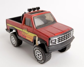 Vintage 1980s Buddy L 4x4 Red Pickup Truck with Light Bar, Metal and Plastic