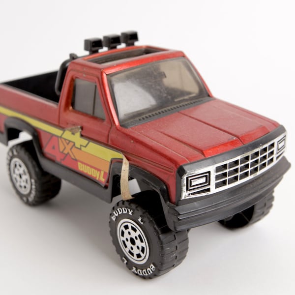 Vintage 1980s Buddy L 4x4 Red Pickup Truck with Light Bar, Metal and Plastic