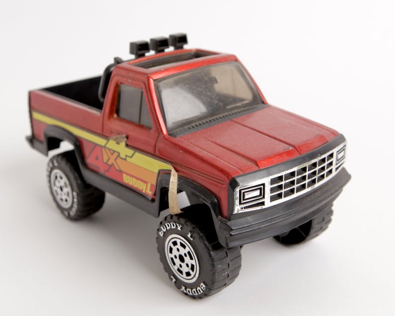 Metal and Plastic Vintage 1980s Buddy L 4x4 Red Pickup Truck with Light Bar