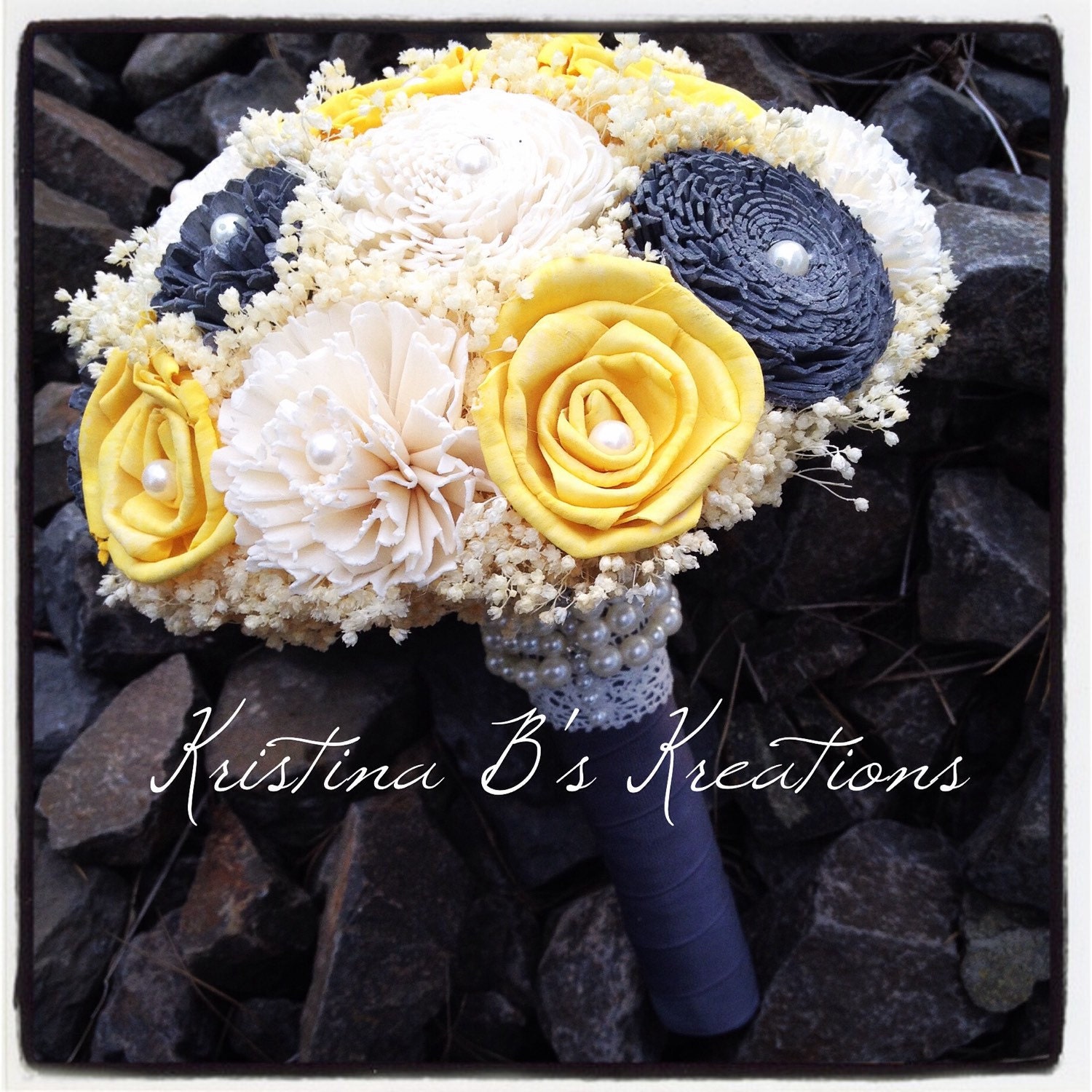 Chic Yellow Grey and Ivory Sola Flower Bouquet With Pearls Etsy