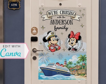 Decoração de Porta para Cruzeiro | Pôster para Porta | Placa Personalizada | Modelo Canva | Primeira Viagem | Férias em Família | Náufrago | Modelo Editável