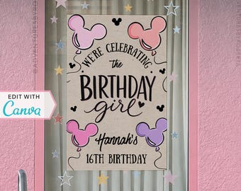 Decoração de Janelas de Resort | Decoração de Janelas de Hotel da Disney | Placa Personalizada | Modelo Canva | Aniversariante | Balão | Decoração de Aniversário Editável