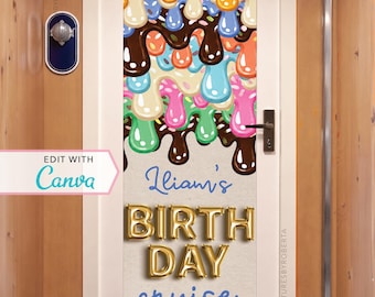 May include: A white door decorated with a colorful ice cream design. The door has text that reads "Liam's BIRTH DAY cruise HE'S CRUISIN' INTO 10". The door also has a door handle and a small blue and silver decorative element.