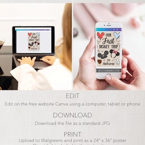 May include: A laptop and smartphone show a design for a "First Disney Trip" with Mickey Mouse and Minnie Mouse illustrations. The text "EASY TO CREATE" is at the top, with instructions below for editing, downloading, and printing.