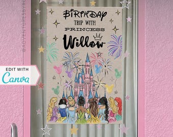 Resort Window Decorations | WDW Hotel Window Decor | Personalized Sign | Canva Template | Princess Birthday | Castle | Editable Template