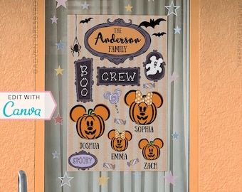 Decoração de Janelas para Resorts | Decoração de Janelas de Hotéis da Disney | Placa Personalizada | Modelo Canva | Festa de Halloween | Boo Crew | Modelo Editável