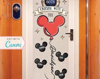 May include: A door decoration with a red Mickey Mouse balloon design, the text "Cruising with the Family", and the family name "Davidson". Includes names Sophia, Emma, Jack, and Noah. The door number is 6076.