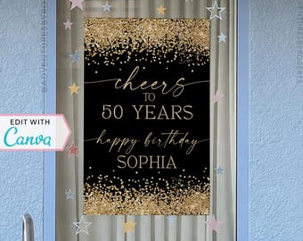 Resort Window Decorations | WDW Hotel Window Decor | Personalized Sign | Canva Template | 50th Birthday | Gold Confetti | Editable Template