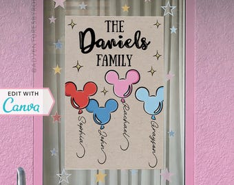 Resort Window Decorations | WDW Hotel Window Decor | Personalized Sign | Canva Template | Balloon Names | Family Trip | Editable Template