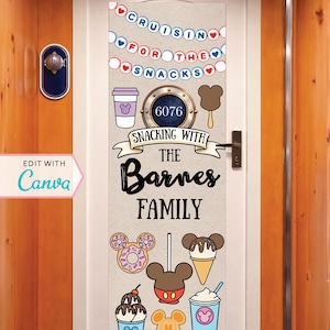 May include: A door decoration featuring the text "Cruising for the Snacks" and "Snacking with The Barnes Family." The design includes various food-themed illustrations, such as a Mickey Mouse ice cream bar, donuts, and ice cream cones. The door number is 6076.