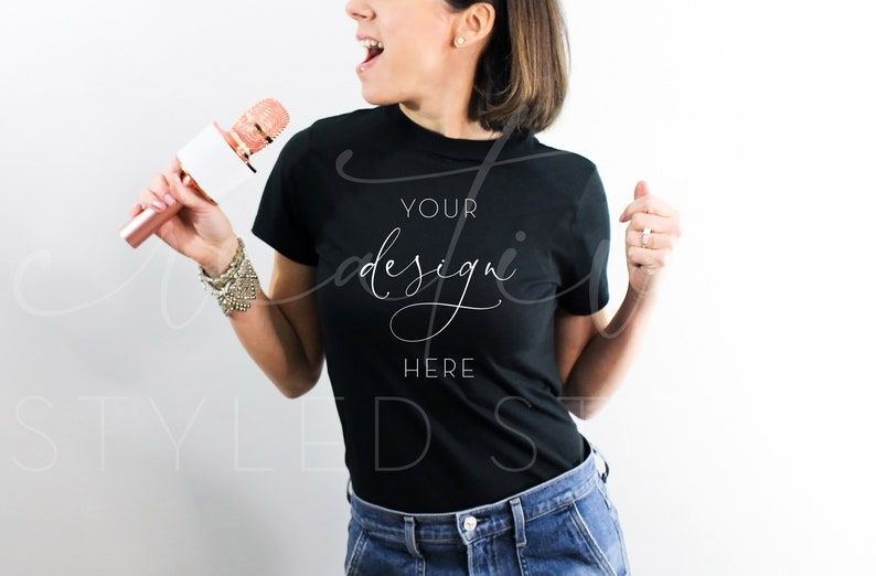 Download Store Graphics Shirt Mockup Women S T Shirt Mockup Tee Mock Up Styled Clothing Ladies Shirt Styled Stock Photography Black Shirt Microphone Graphic Design